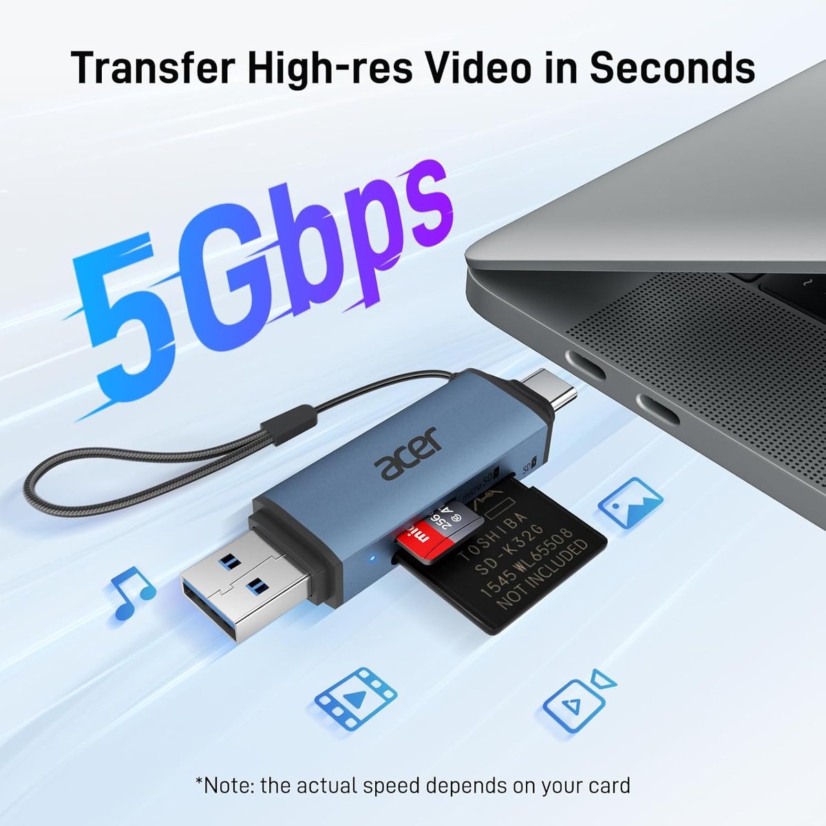 Acer SD Card Reader, USB 3.0 & Type-C Micro SD Card Adapter Dual Slot OTG Memory Card Reader for MicroSD SDHC SDXC, Compatible with Laptop, PC, iPhone 16/15, MacBook Pro/Air, iPad Pro, Android Blue